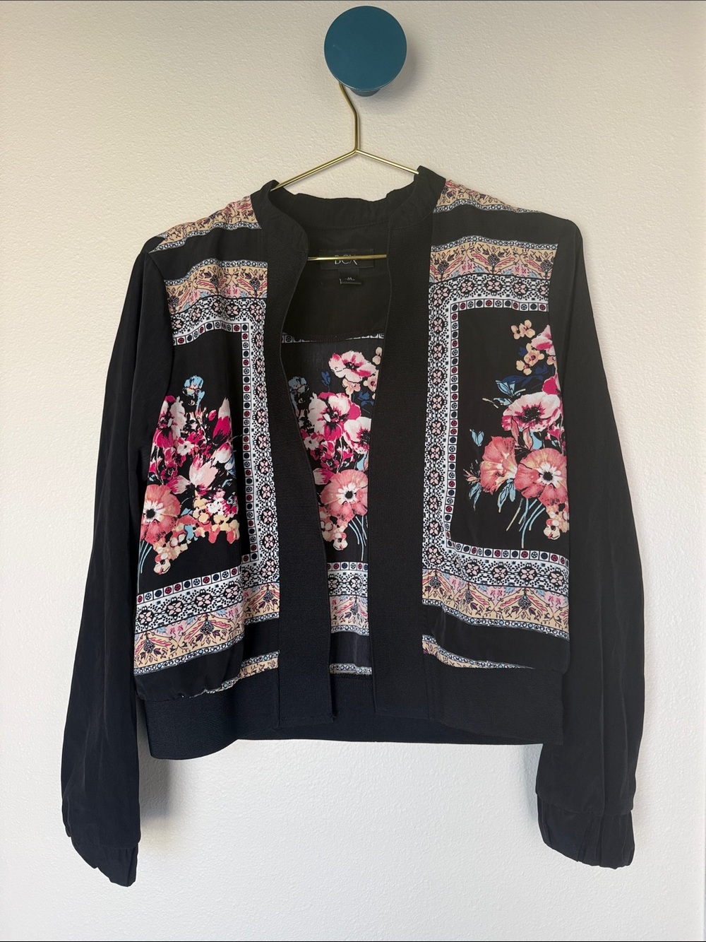BCX Black Open-Front Jacket with Pink and White Floral Panels